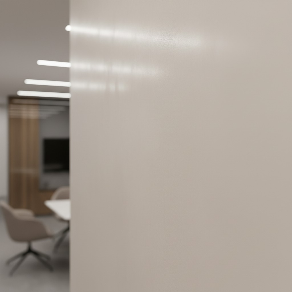 A photo of a glass wall in an office with a blurred office in the background.
