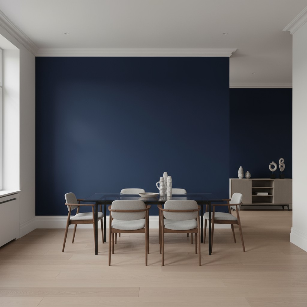 *A luxurious dining room with a table and chairs, set against a crisp white and navy blue backdrop.*