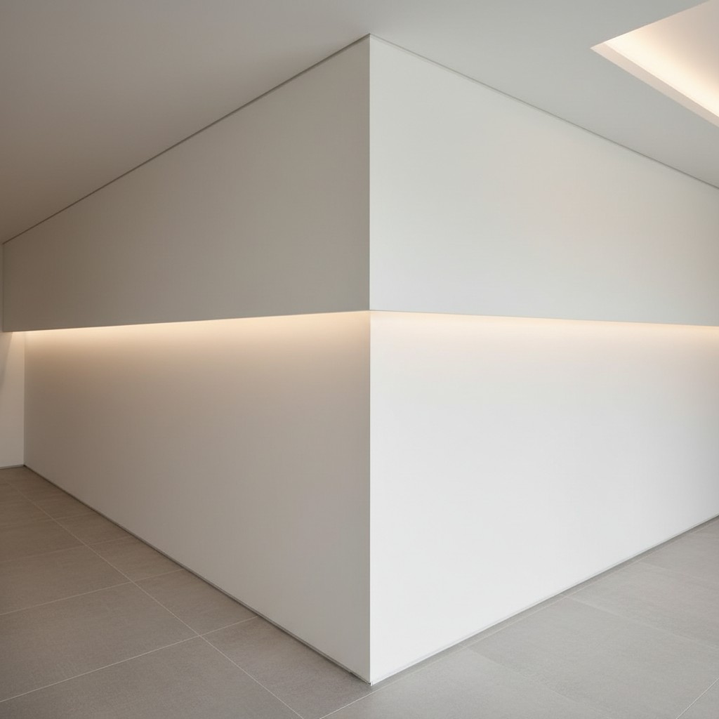 A modern white room with LED lighting beneath a large white volume. The floor is tiled and another part of the ceiling is ...
